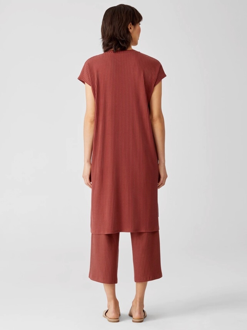 Eileen Fisher Rust Orange Textured Stretch Rib Crew Neck Dress Large - Picture 3 of 15